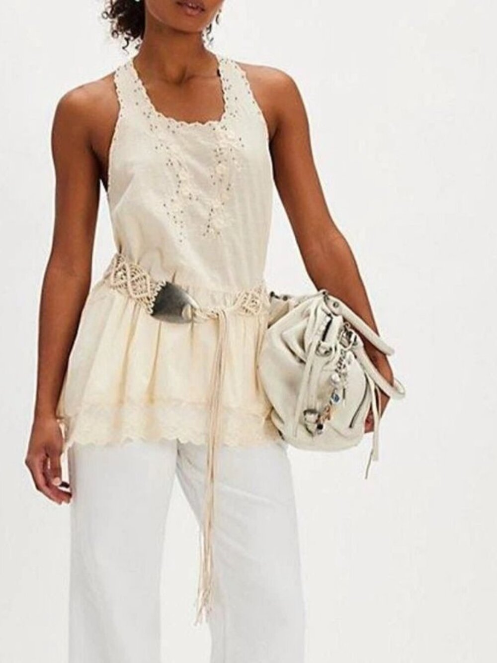 Free People Sunset Treasure Tunic Mini Dress Floral Embroidered Lace L 290389